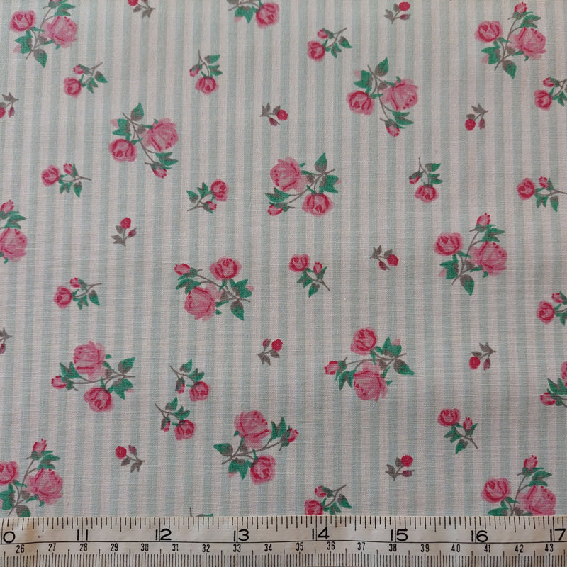 Medium Weight Cotton Fabric - Rosebuds on Pale Aqua Stripe