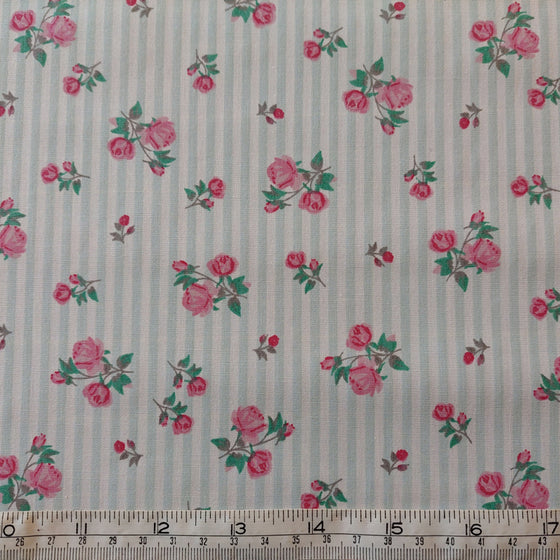 Medium Weight Cotton Fabric - Rosebuds on Pale Aqua Stripe