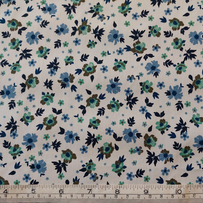 Medium Weight Cotton Poplin Fabric - Blue Floral on White