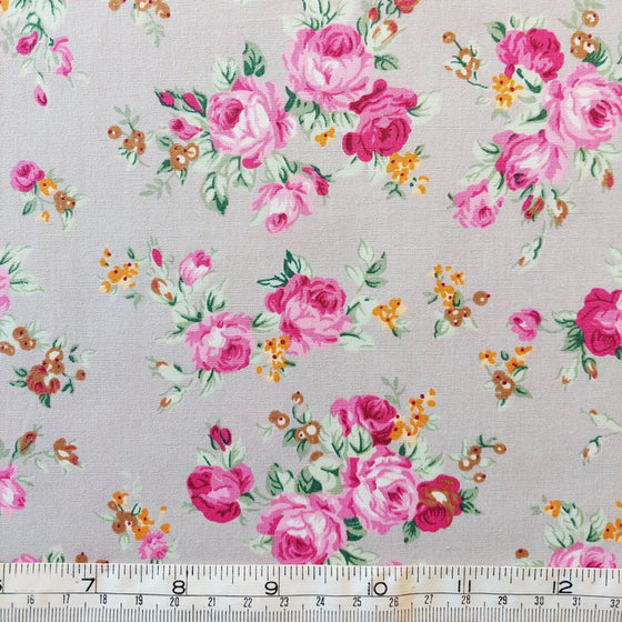 Cotton Poplin Pink Roses on Grey (F)  LAST REMNANT 200cm x 112cm