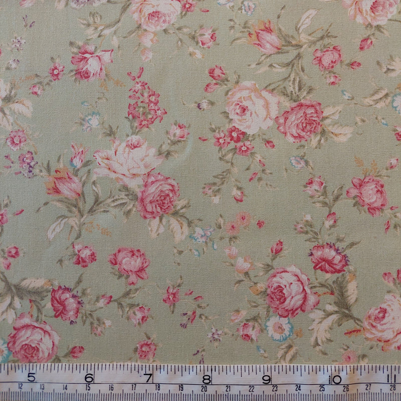 Cotton Poplin Pink Roses on Green (G)  LAST REMNANT 200cm x 112cm