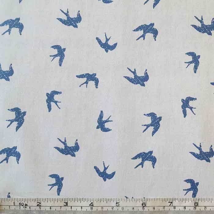 Cotton Poplin Blue Swallows on Ivory