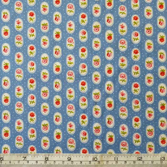 Cotton Poplin Floral on Blue Spot