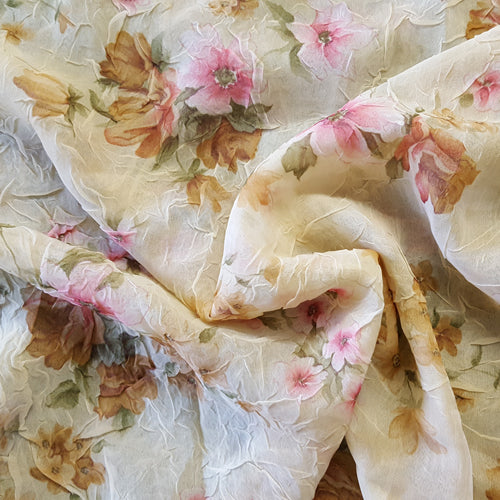 Crinkle Polyester Chiffon Floral on Cream LAST REMNANT 130cm x 135cm