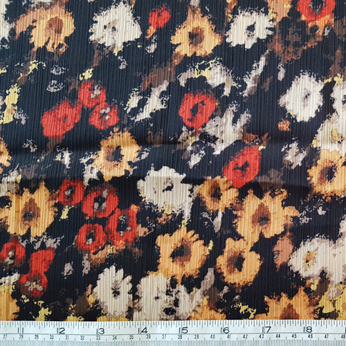 Crinkle Polyester Satin Floral on Black LAST REMNANT 200cm x 145cm