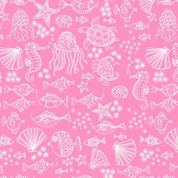 Makower UK Merryn - Pink Sea Creatures - 2006/P F6418 - The Fabric Bee