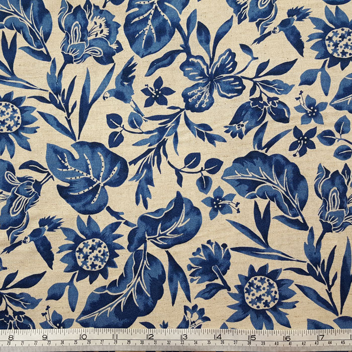 Blue Floral Cotton/Linen Blend Fabric F6685 - The Fabric Bee