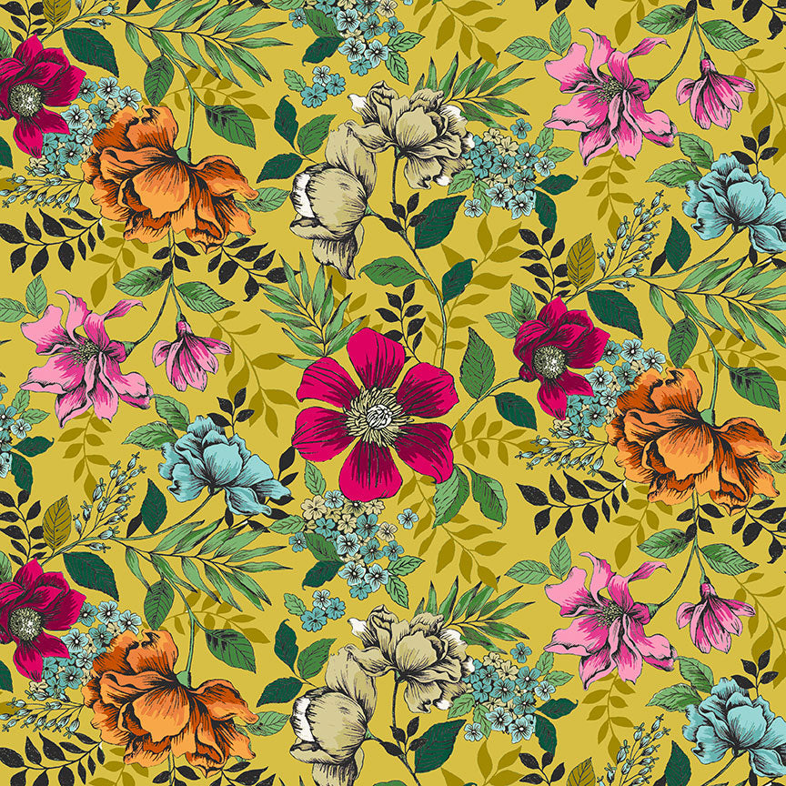 Jewel Tones by Makower UK 2424/Y Floral on Yellow F7190