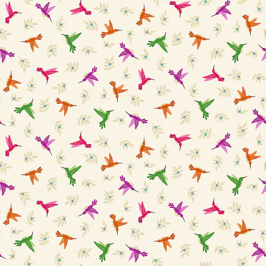 Jewel Tones by Makower UK 2426/Q Hummingbird on Cream F7193