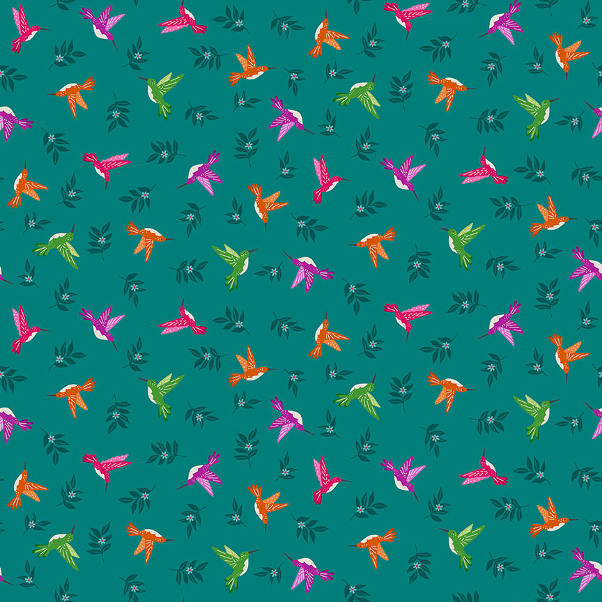Jewel Tones by Makower UK 2426/T Hummingbird on Teal F7194