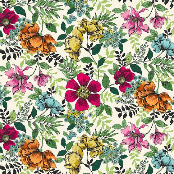 Jewel Tones by Makower UK 2424/Q Floral on Cream F7197