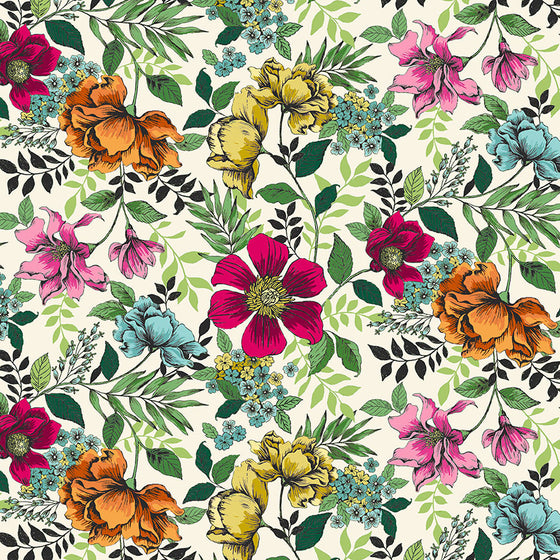 Jewel Tones by Makower UK 2424/Q Floral on Cream F7197