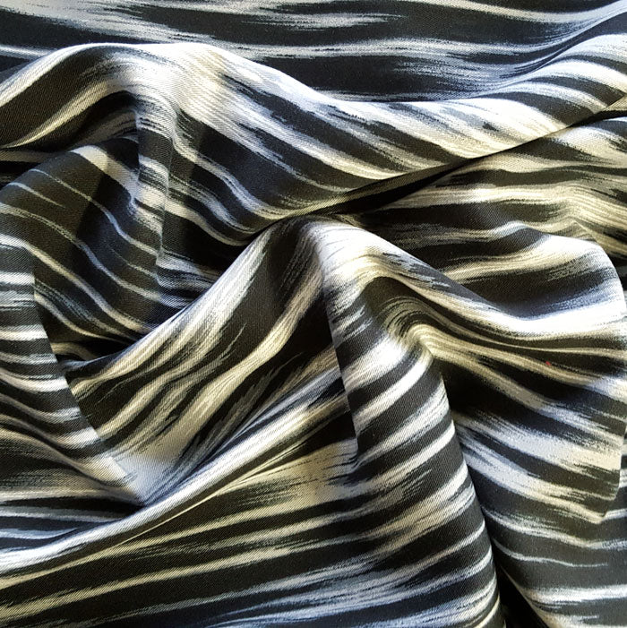 Viscose challis Fabric Black/Off White Broken Stripe - The Fabric Bee