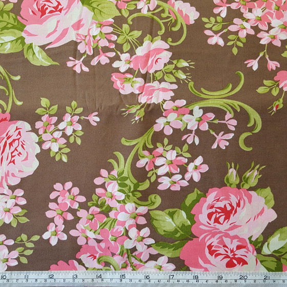 Pink Floral on Brown Background REMNANT 350cm x 112cm - The Fabric Bee