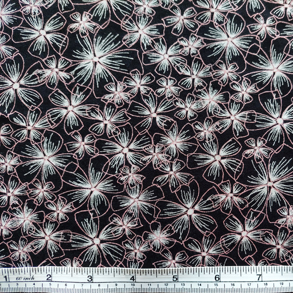 Jersey Fabric White/Pink Floral on Black LAST REMNANT 200cm x 150cm